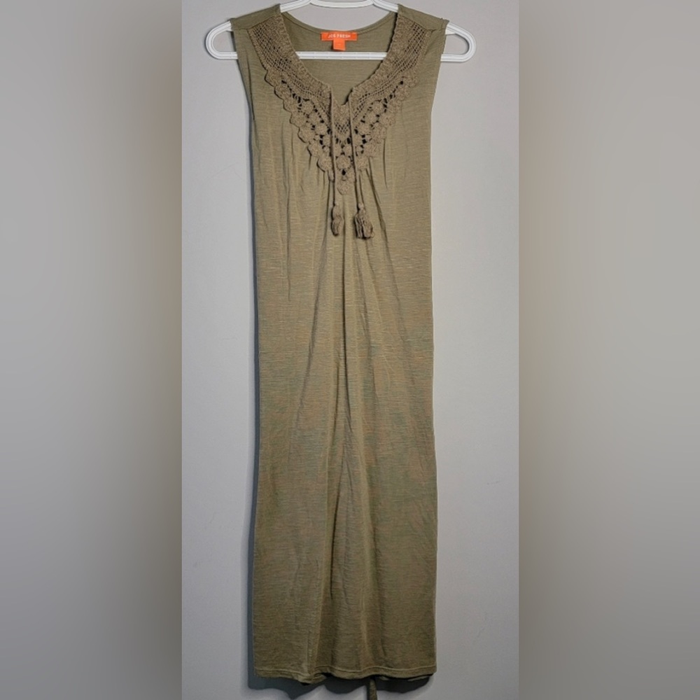 Sage Green Boho Dress with Crochet Collar and Tassel Ties